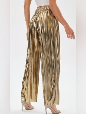 Harper Gold Metallic Pleated Wide-Leg Pants